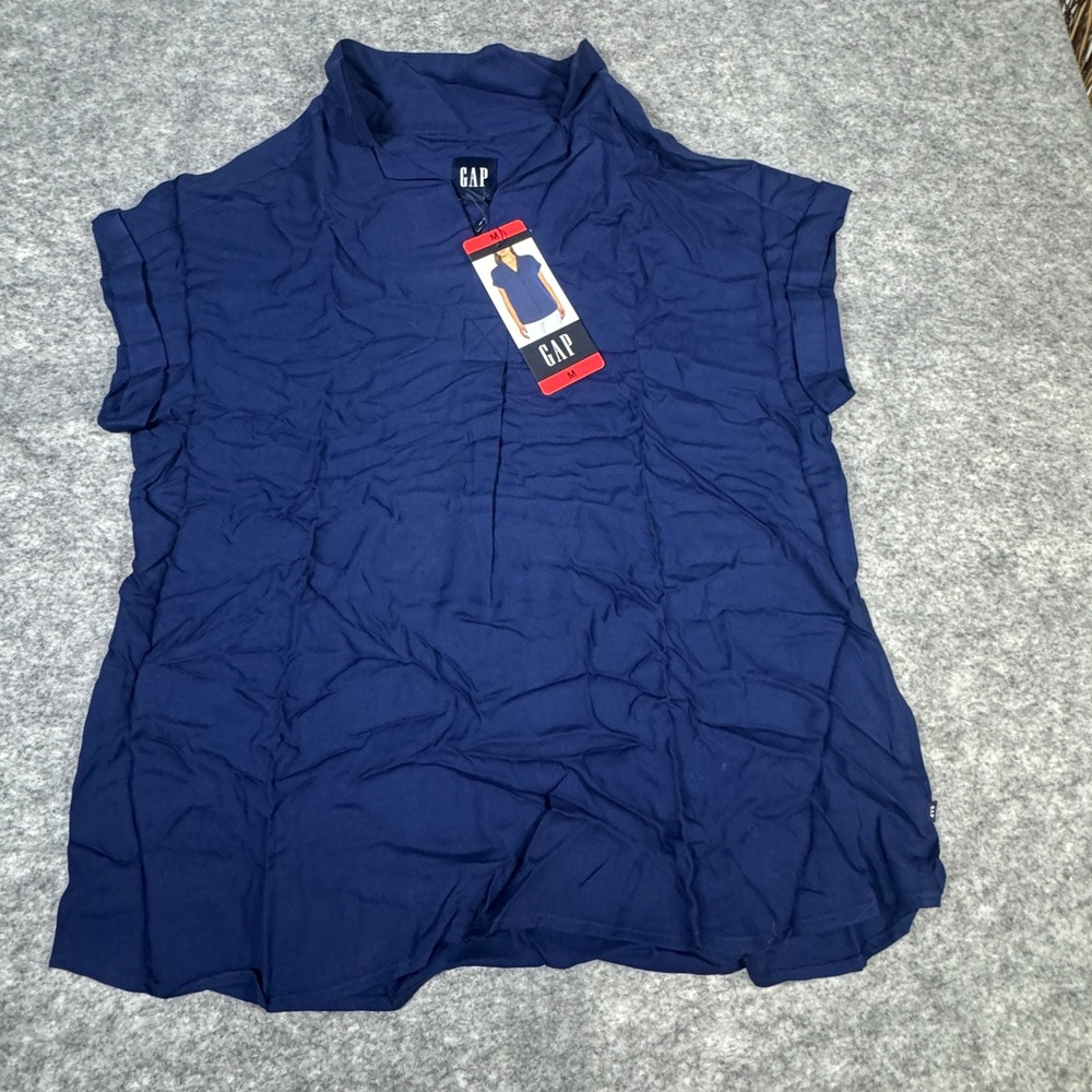 GAP Womens Navy Blue Split Neck Short Sleeve Rayon Lyocell Blouse Size M NWT